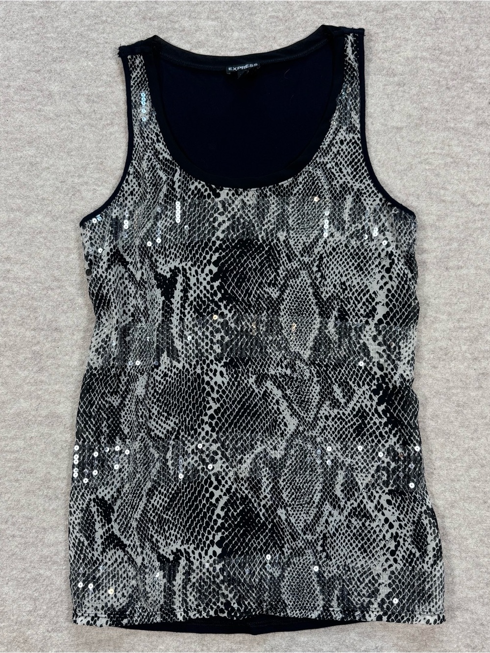 Express Black & Gray Snake-Print Sequin Tank